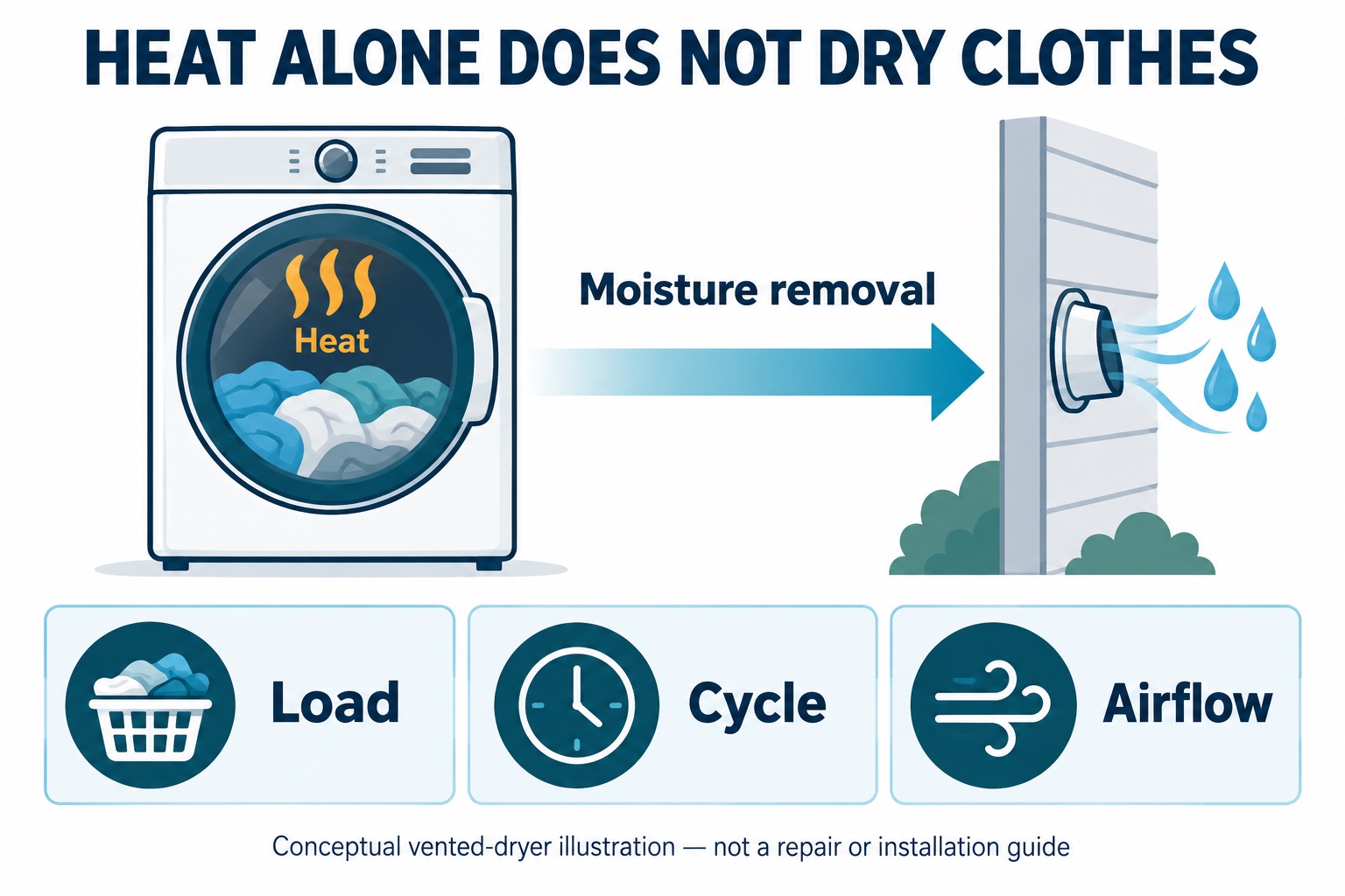 Conceptual vented dryer illustration showing that heat and moisture removal both matter, with load, cycle, and airflow checks.