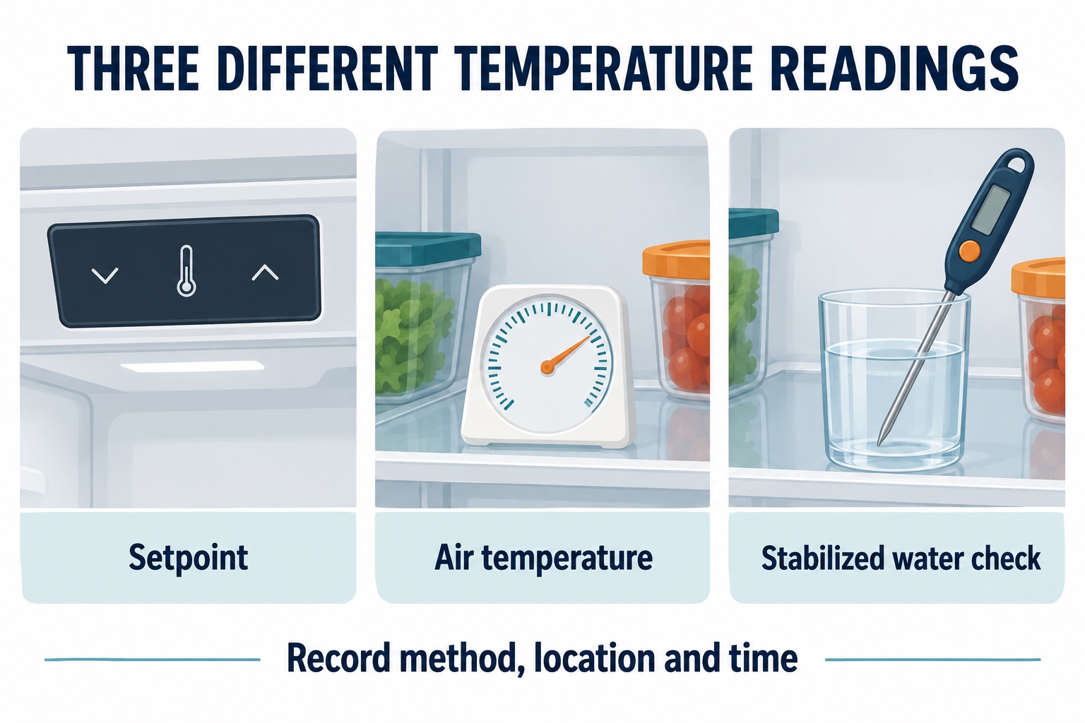 Refrigerator setpoint, appliance air thermometer and a suitable probe in stabilized water represent different readings.