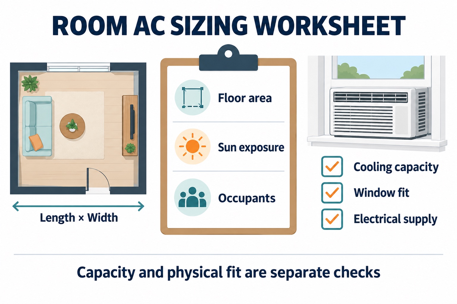Room AC worksheet separates floor area, sunlight and occupants from cooling capacity, window fit and electrical supply.