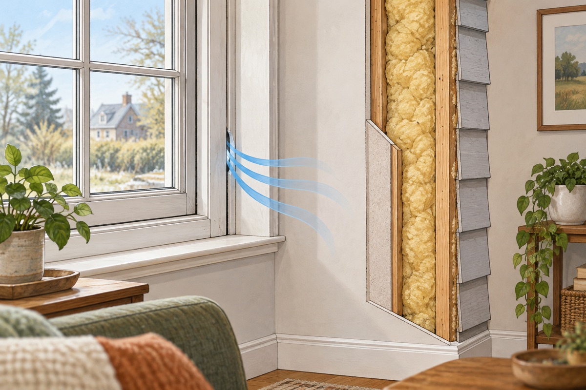 Conceptual cutaway showing air entering a window-frame gap beside a separate wall insulation layer
