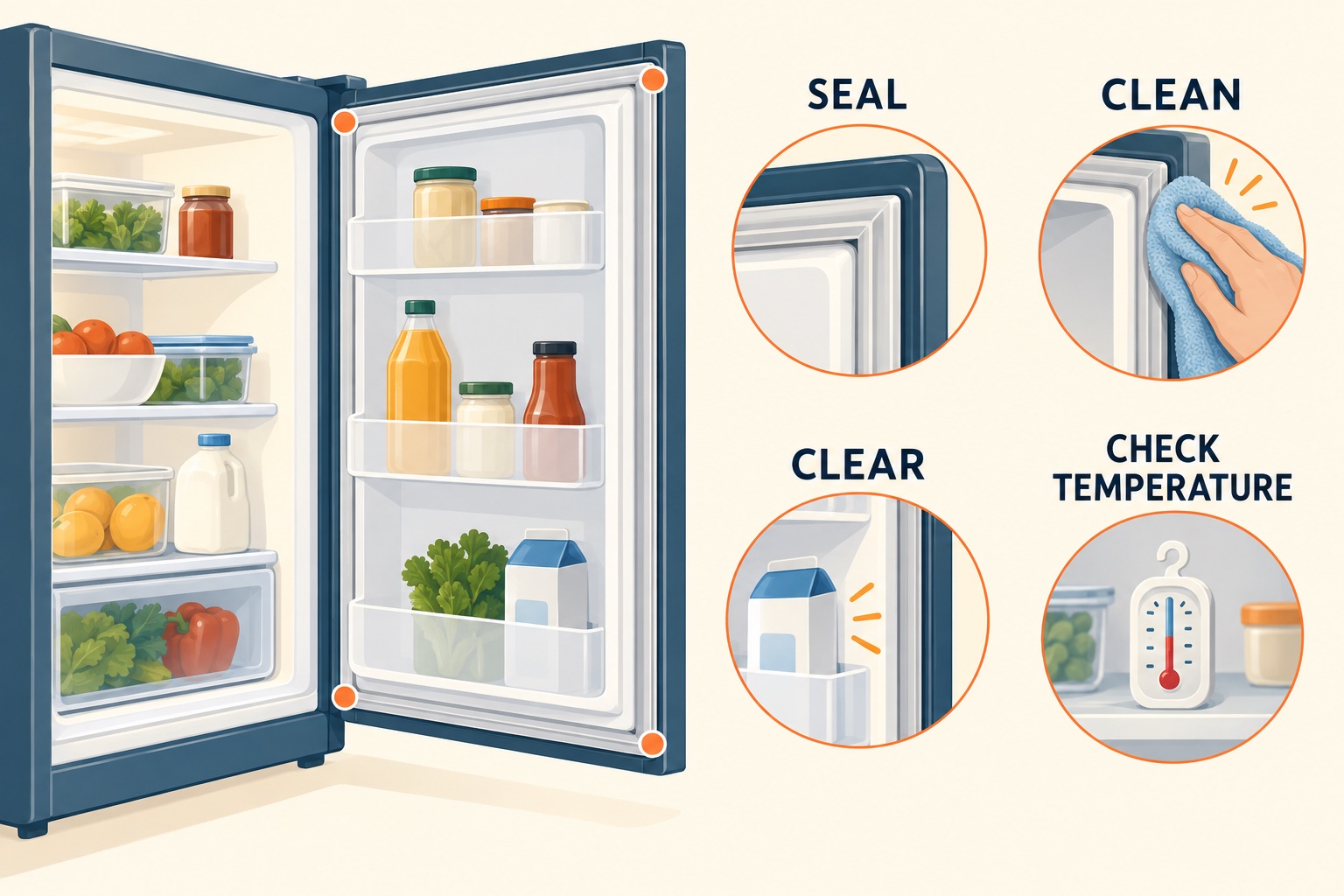 A refrigerator door seal perimeter, soft cleaning cloth, clear closure path and appliance thermometer illustrate four separate checks.