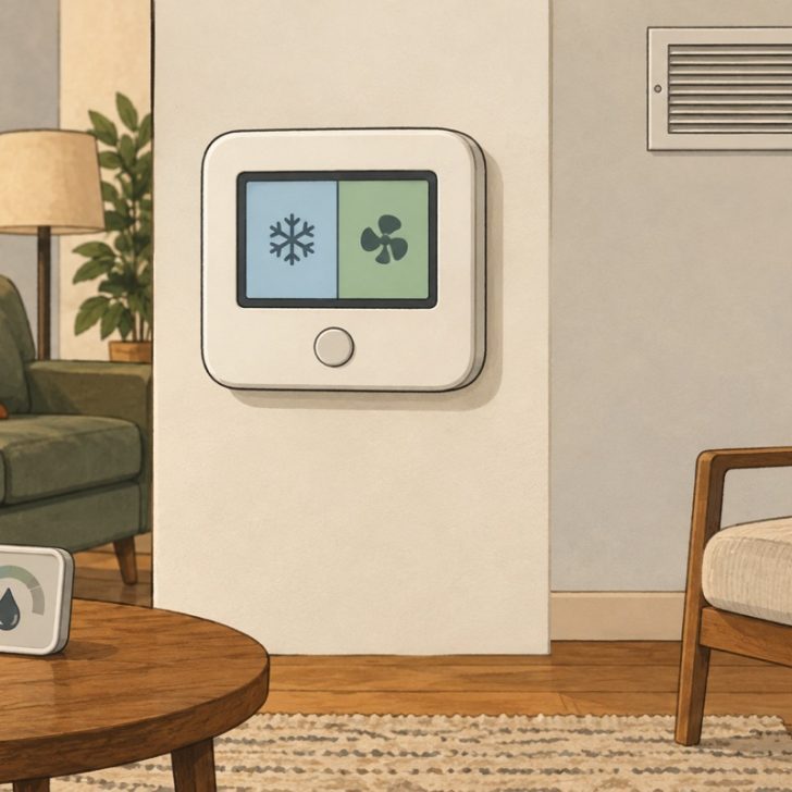 Conceptual illustration of a central thermostat with separate cooling and fan symbols, an unobstructed duct grille and a room humidity monitor.