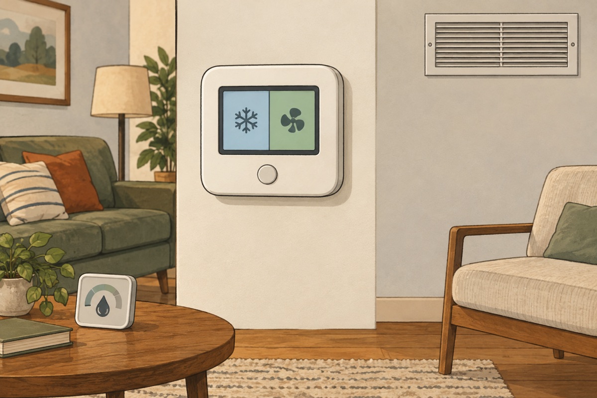 Conceptual illustration of a central thermostat with separate cooling and fan symbols, an unobstructed duct grille and a room humidity monitor.