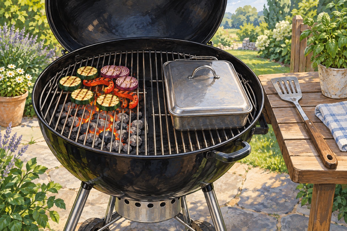 Conceptual illustration of a charcoal grill with fuel on one side and a roasting area away from the coals.