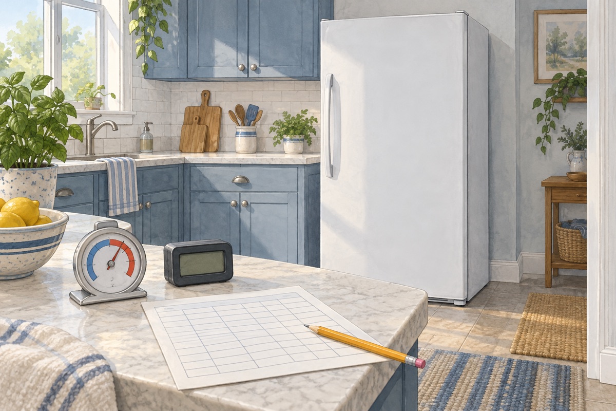 Illustration of a closed upright freezer beside a thermometer, battery clock and blank outage record.