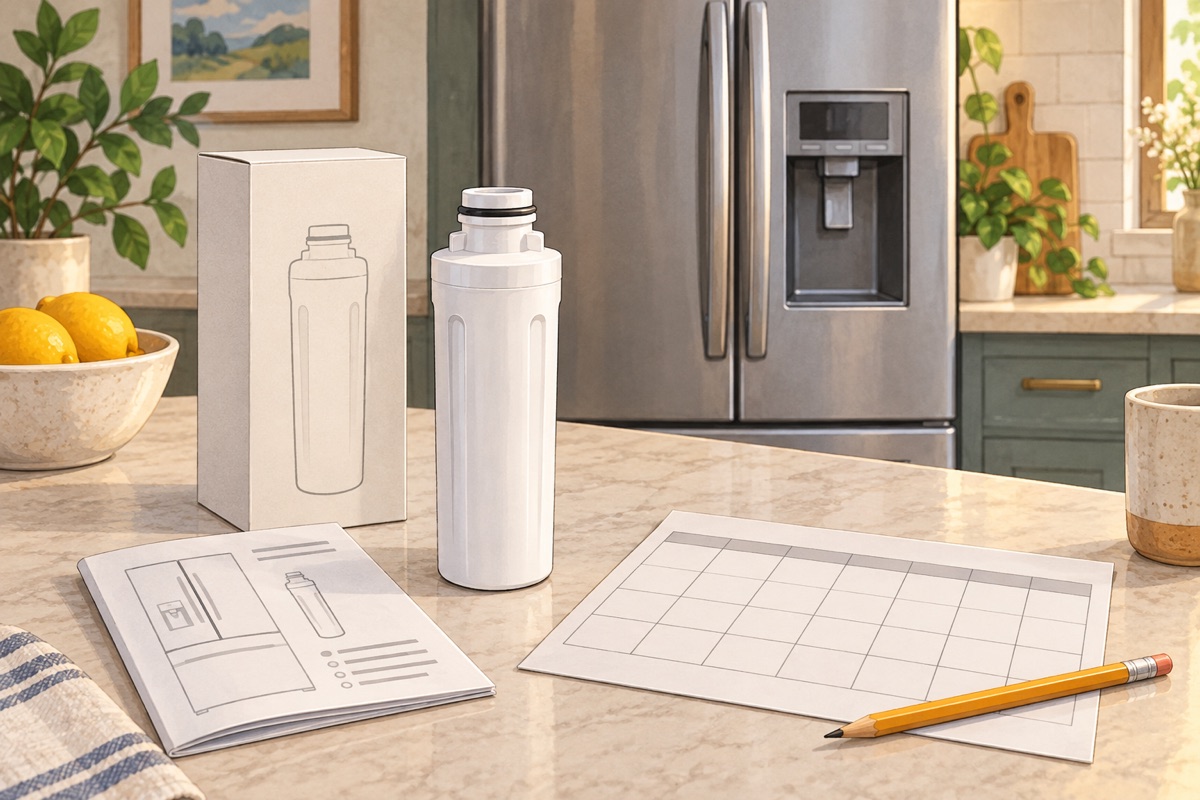 Illustration of a capped generic water-filter cartridge, owner manual and blank maintenance calendar in front of a closed refrigerator.