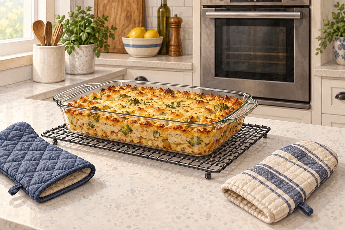 Illustration of an intact glass casserole dish on a dry cooling rack, with dry oven mitts and a closed conventional oven nearby.