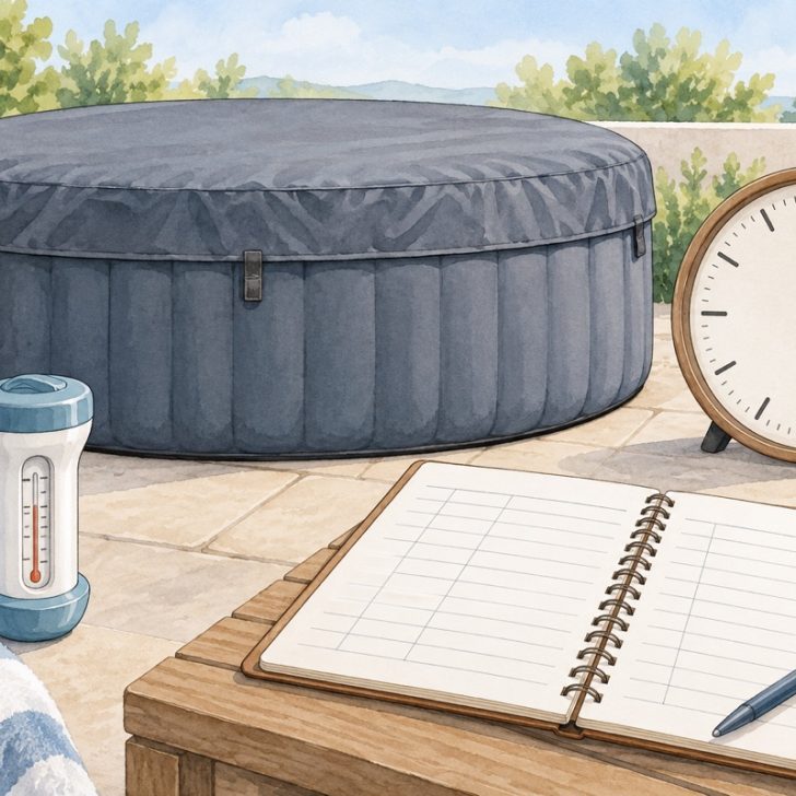Illustration of a covered inflatable hot tub, clock, thermometer and blank temperature log