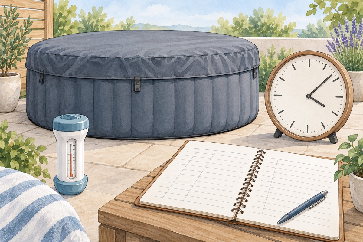 Illustration of a covered inflatable hot tub, clock, thermometer and blank temperature log