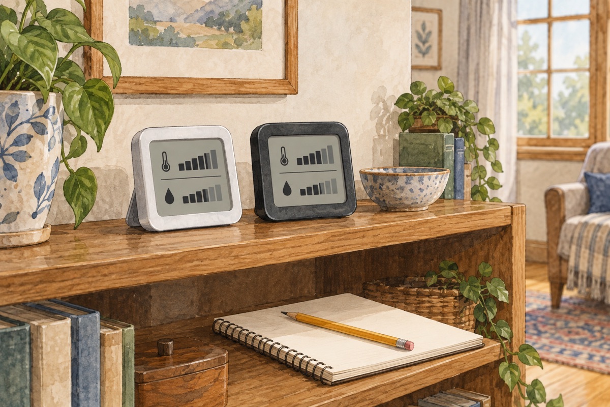 Illustration of two unbranded temperature and humidity monitors standing side by side on a shelf with a blank comparison notebook.