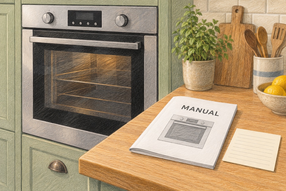 Illustration of a generic oven with an instruction manual and blank model-identification note