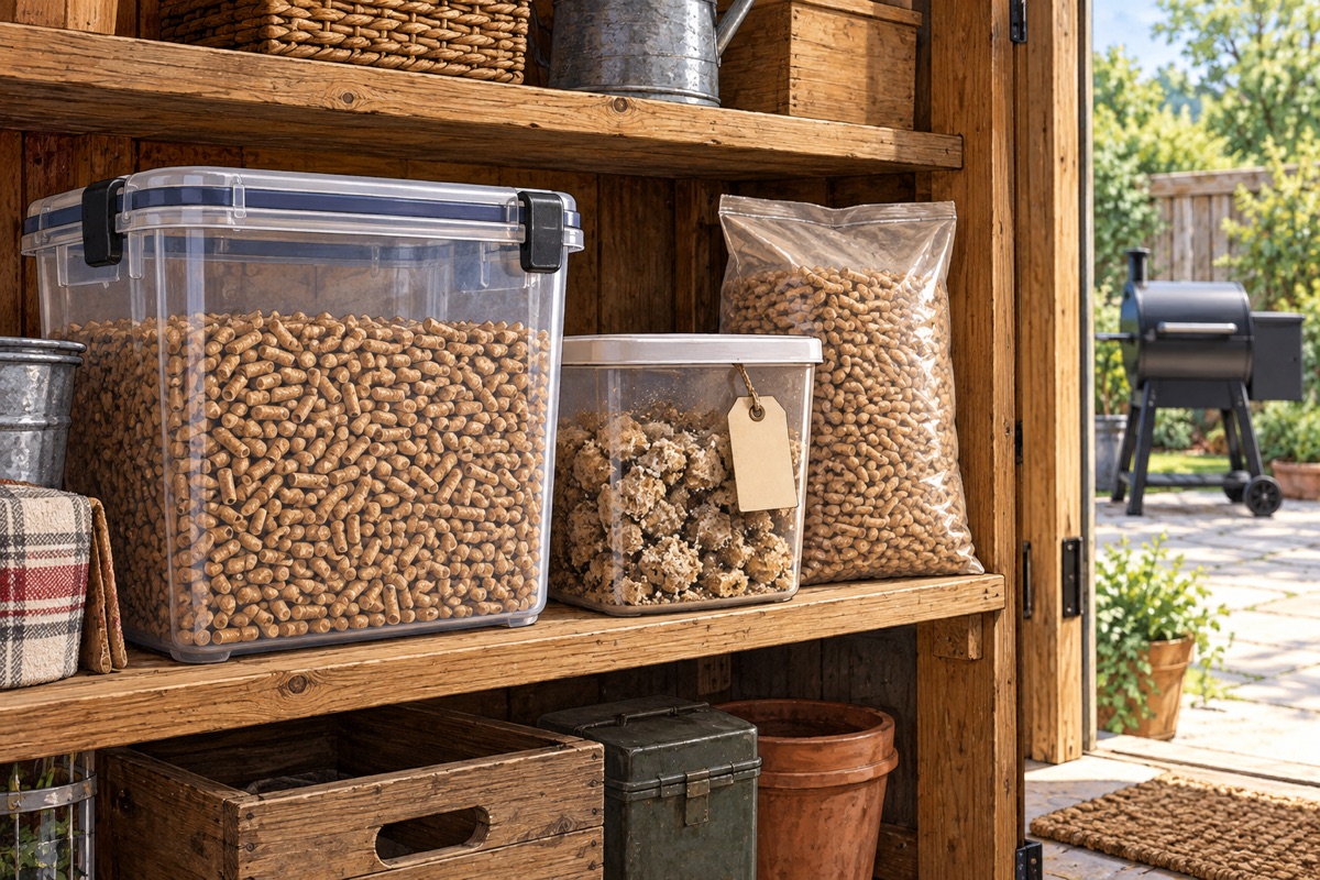 Conceptual illustration of separate closed containers of intact and degraded wood pellets on a dry shelf, with a cool outdoor grill in the distance.