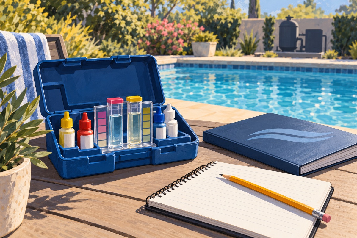 Conceptual illustration of a closed pool test kit with water sample cells, notebook and equipment manual on a dry poolside table.