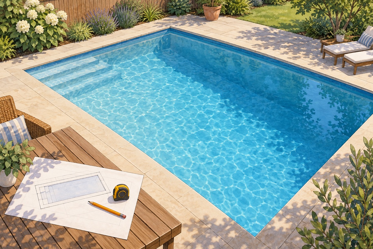 Illustration of a rectangular pool with a shallow step and a deeper floor, beside a blank plan and measuring tools.