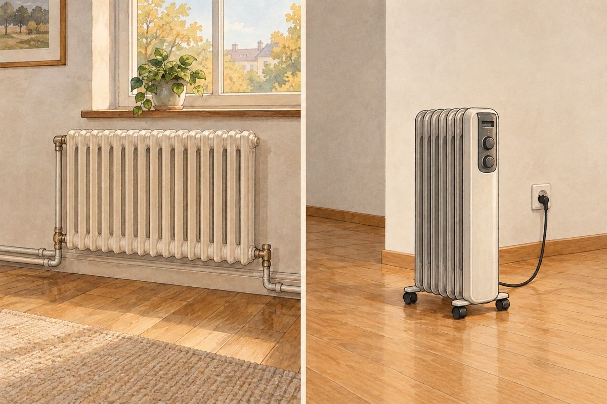 Illustration comparing a fixed pipe-connected radiator with a freestanding electric radiator plugged into a wall outlet.