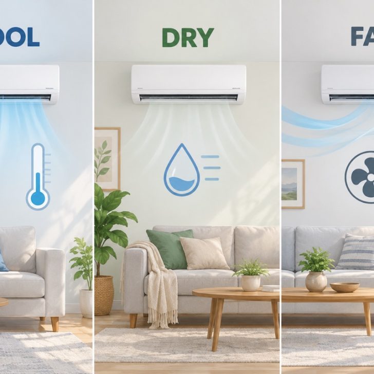 Conceptual illustration comparing Cool, Dry and Fan modes using temperature, humidity and airflow symbols