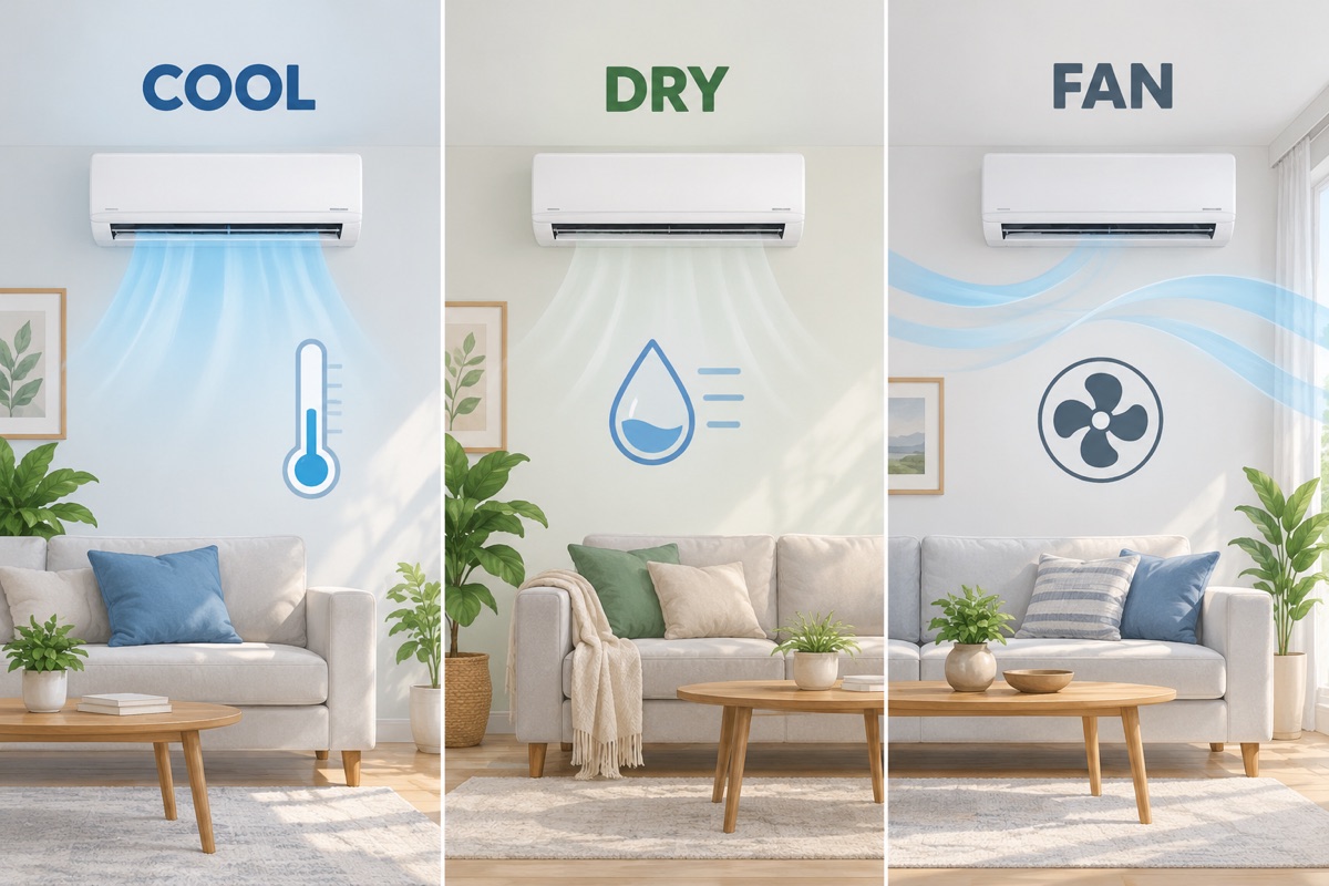 Conceptual illustration comparing Cool, Dry and Fan modes using temperature, humidity and airflow symbols